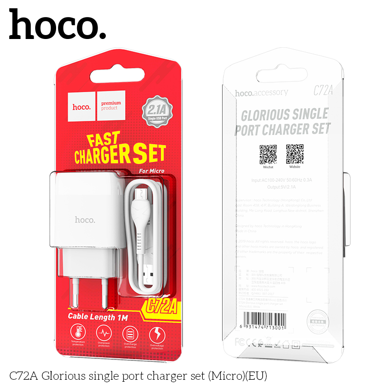 Bộ Dây Và Cóc Sạc Nhanh Hoco C72 2.1A Cổng Micro - Hàng Chính Hãng