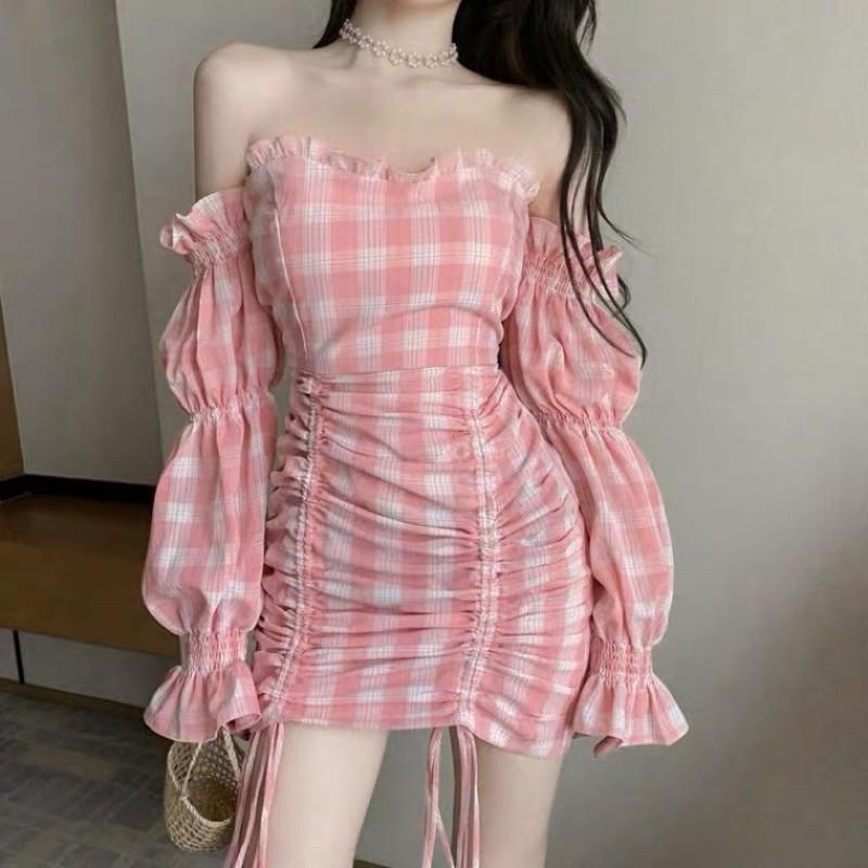  Đầm trễ vai dây rút caro hồng pink mẫu 2021