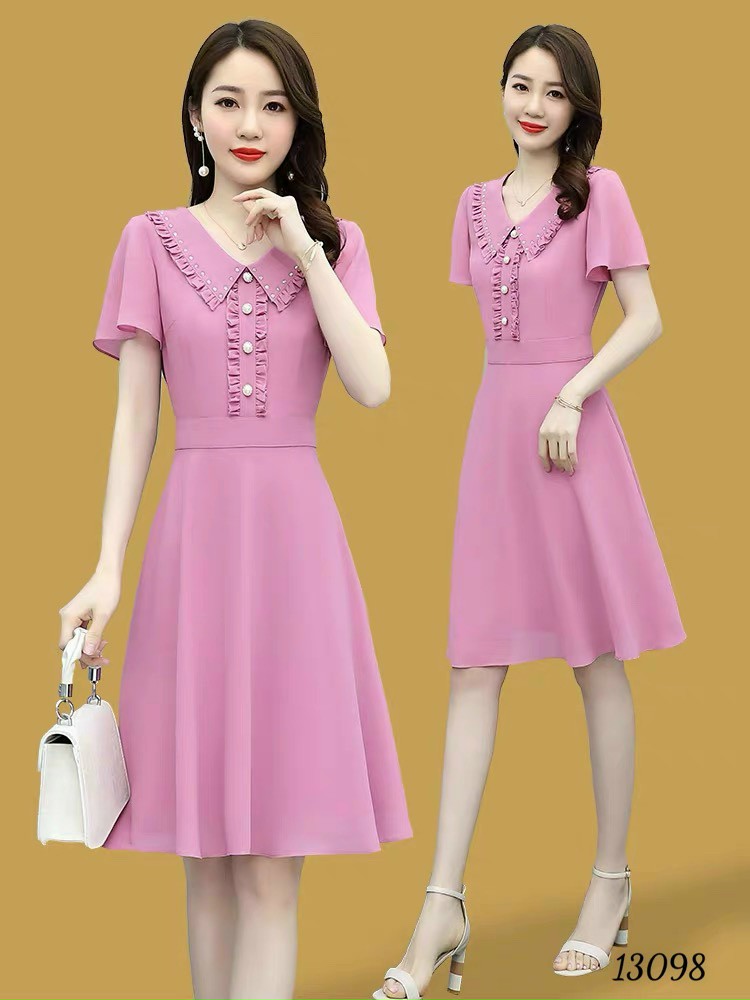 Đầm váy nữ trung niên voan ép đá dự tiệc dạo phố đỏ hồng cao cấp