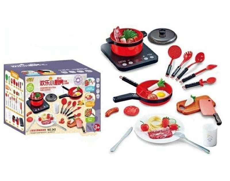 Bộ đồ chơi nấu ăn màu đỏ cao cấp phiên bản giới hạn có nhạc, đèn cho búp bê kèm thức ăn, rau củ