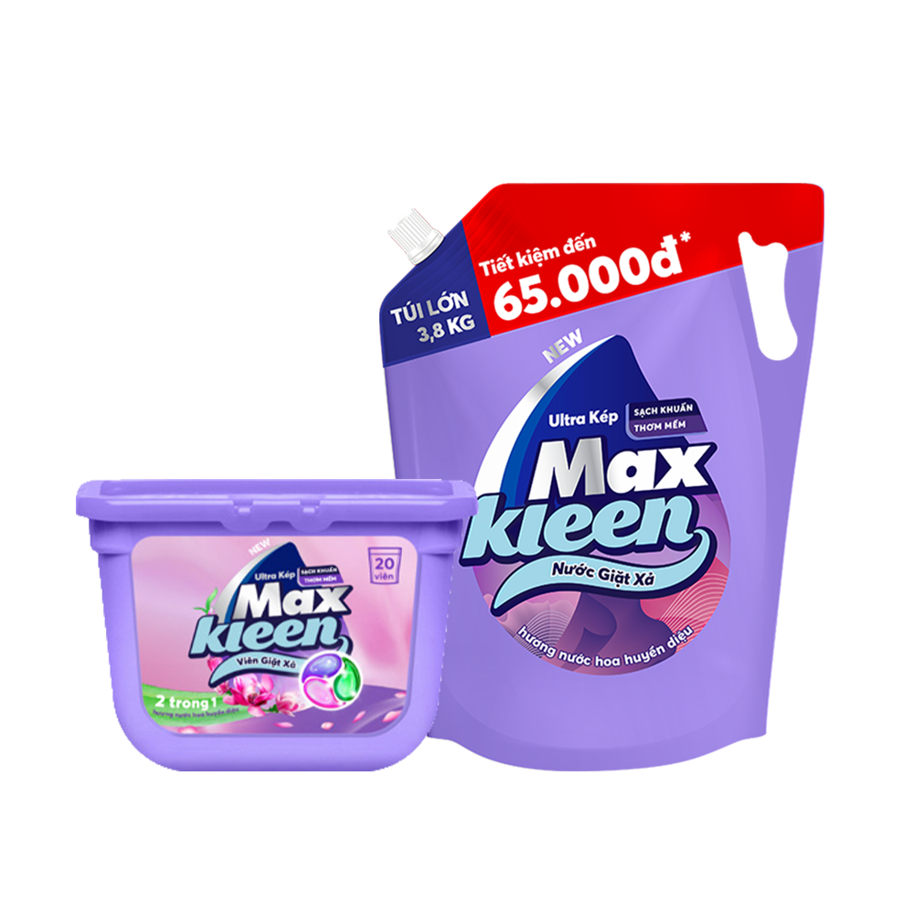 Combo Túi nước giặt xả 3.8/ 3.6kg + Hộp viên giặt xả MaxKleen 2 trong 1 hương Huyền diệu (20 viên/ hộp)