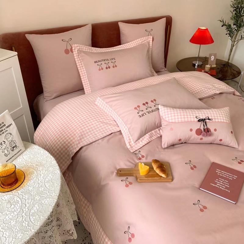 Bộ Chăn Ga Gối Lụa Tencel Thêu Hàng Nhập Khẩu Cao Cấp 5 Món Cherry Mộng Mơ
