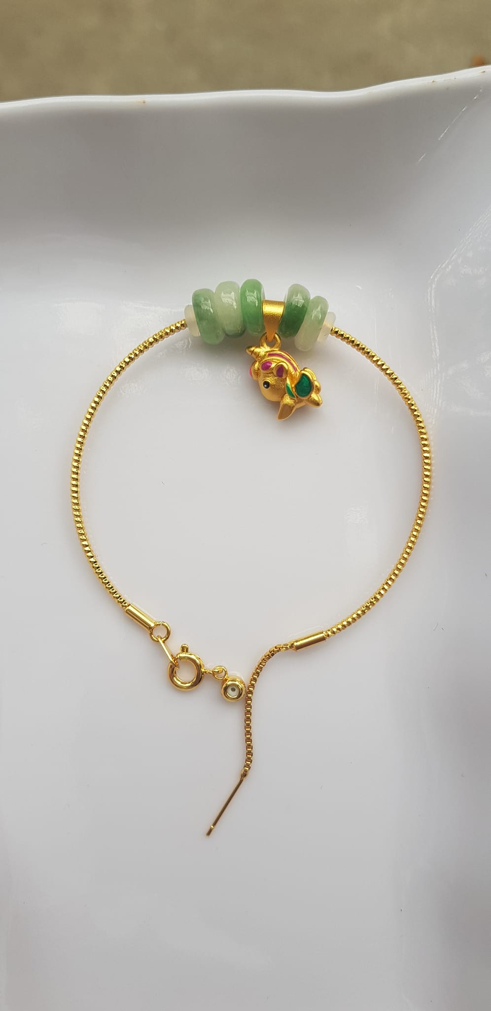 Vòng Tay charm xinh đẹp 5 đồng tiền đá cẩm thạch tự nhiên Đồng tiền Xanh ngọc trắng phối charm chú dê nhỏ may mắn Vòng màu vàng khoen rút xinh Nữ đeo dễ thương ạ