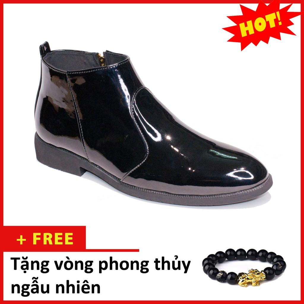 Giày Chelsea Boot Nam Cổ Khóa Da Bóng Màu Đen Đế Có Khâu Chắc Chắn - CB521-bongkhoa-Kèm Vòng Tay Phong Thủy