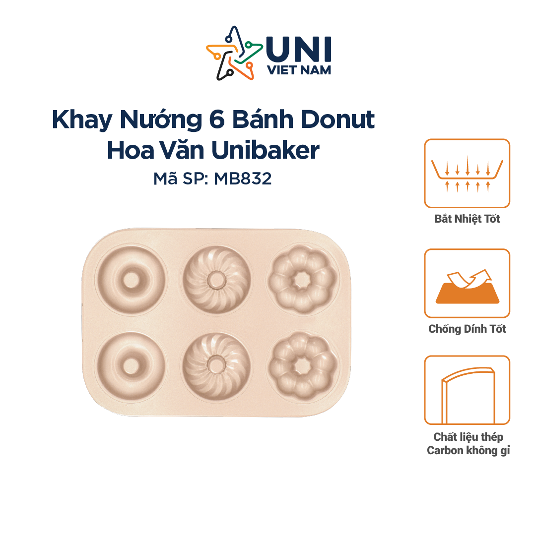 KHUÔN NƯỚNG 6 BÁNH DONUT HOA VĂN UNIBAKER MB832