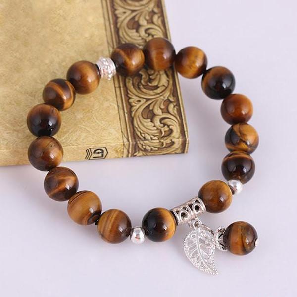 Vòng tay phong thủy đá Mắt Hổ Vàng Nâu 10 ly mix Charm Bạc 925