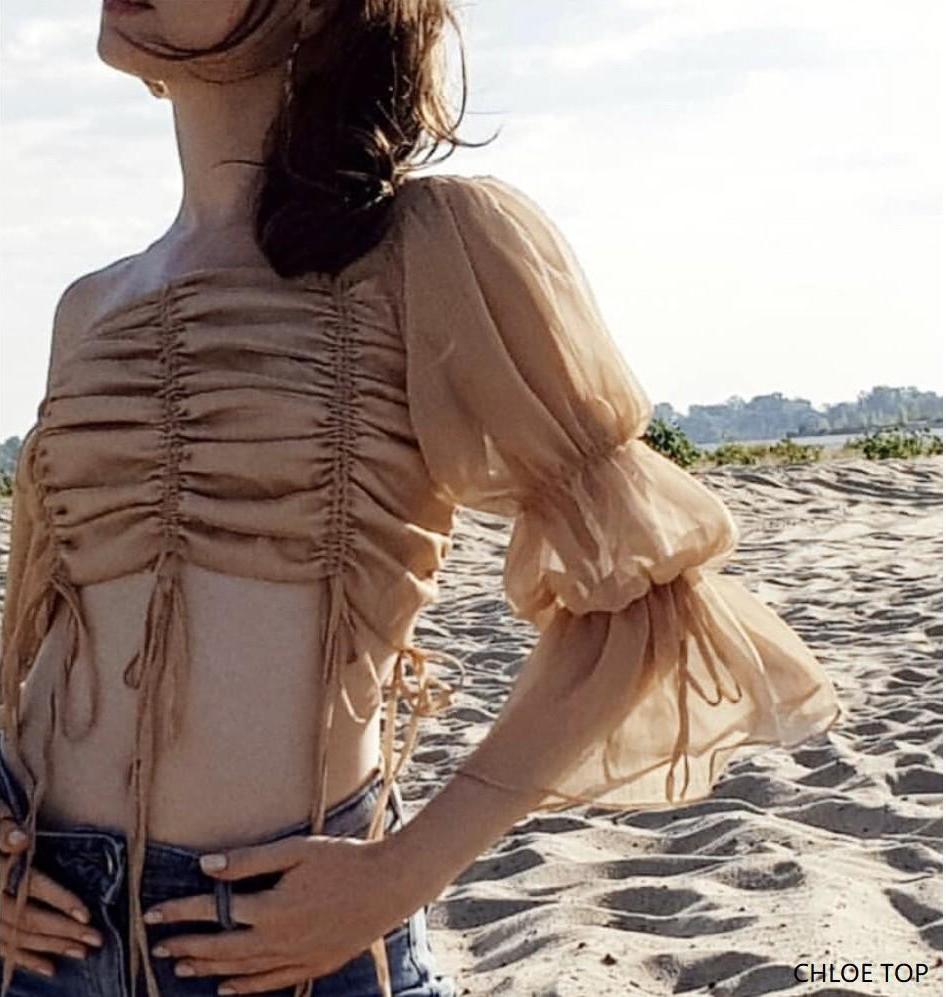 Áo croptop nhún thân rút dây tay loe Chloe top - áo croptop thiết kế napubee