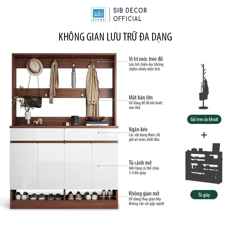 Tủ Giày Đa Năng SIB Decor Tích Hợp 6 Móc Treo Đồ Tiện Lợi, Đặt Tại Lối Vào Phòng Khách