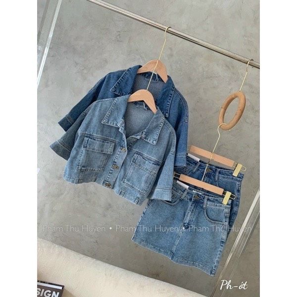 Set bộ áo croptop + chân váy jean cho nữ SETN565