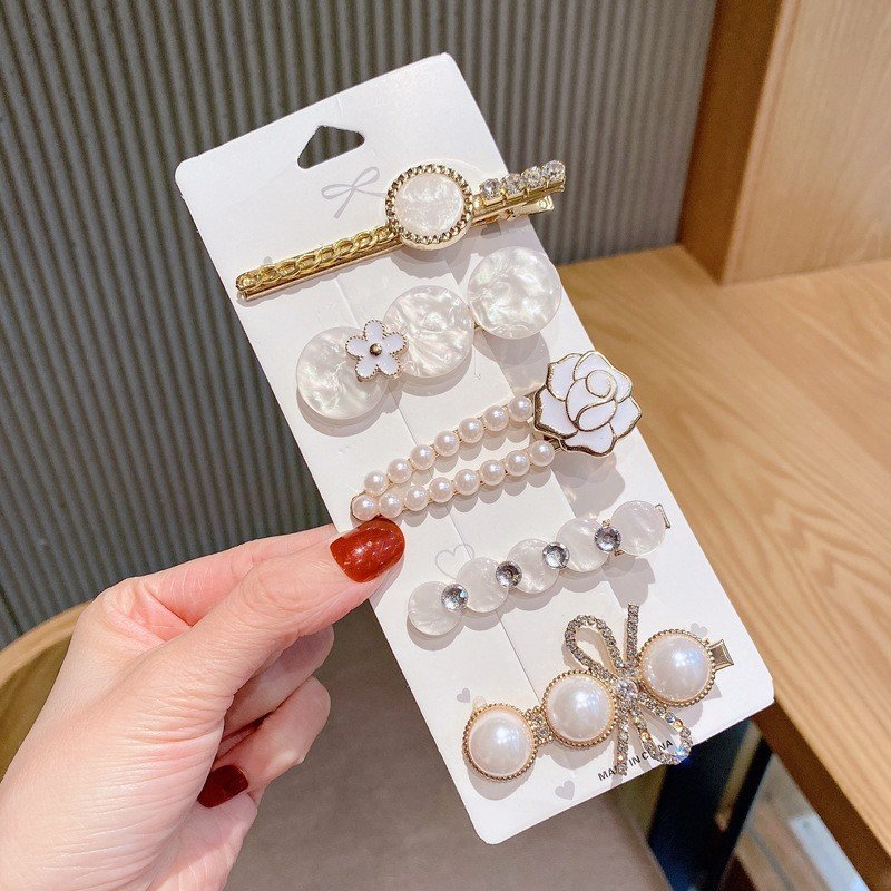 Set 5 Kẹp Tóc Hạt Ngọc Đính Hạt Lấp Lánh Dễ Thương