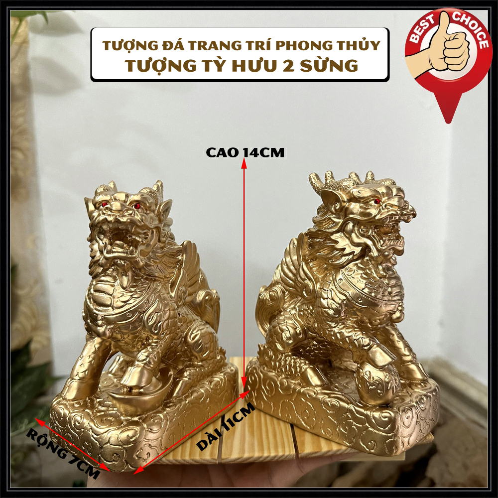 Cặp 2 tượng đá Tỳ Hưu 2 sừng trang trí phong thủy nhà cửa - Chiều cao 14cm - Màu nhũ đồng