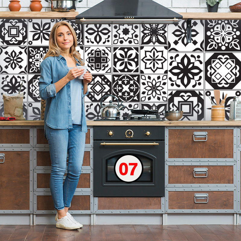Decal Dán Tường Trang Trí Bếp Họa Tiết Đen Trắng | Giấy Dán Bếp Chống Bay Màu, Bắn Dầu Mỡ, Chịu Nhiệt