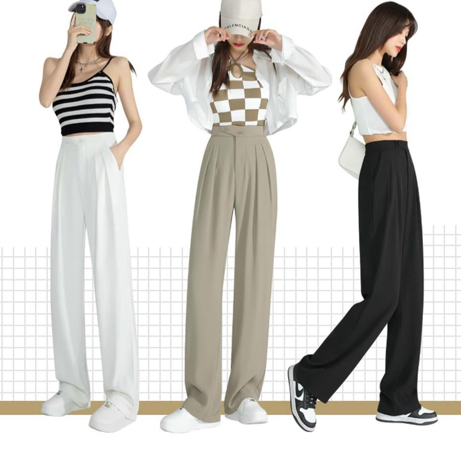 Quần culottes ống rộng suông dài, Quần tây lưng cao 2 cúc xéo chất dày cao cấp