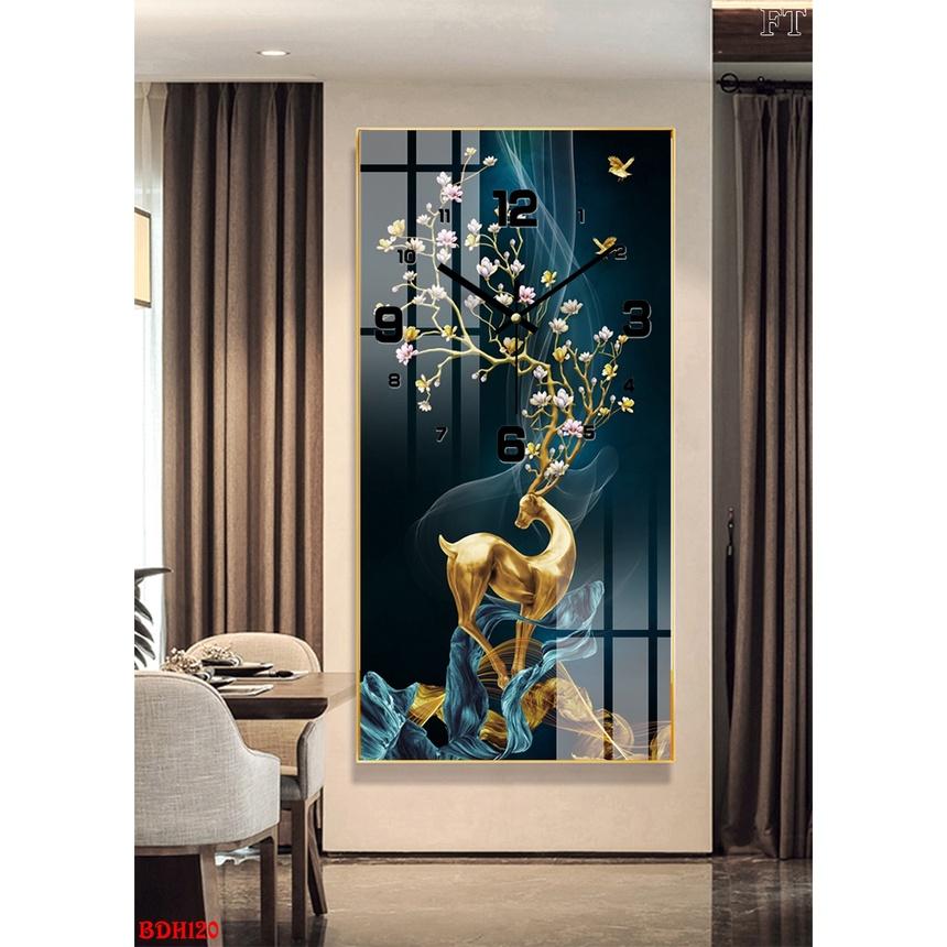 Đồng hồ treo tường hiện đại, tranh tráng gương trang trí nhà cửa phòng làm việc_HƯƠU NAI TÀI LỘC, tranh đồng hồ.