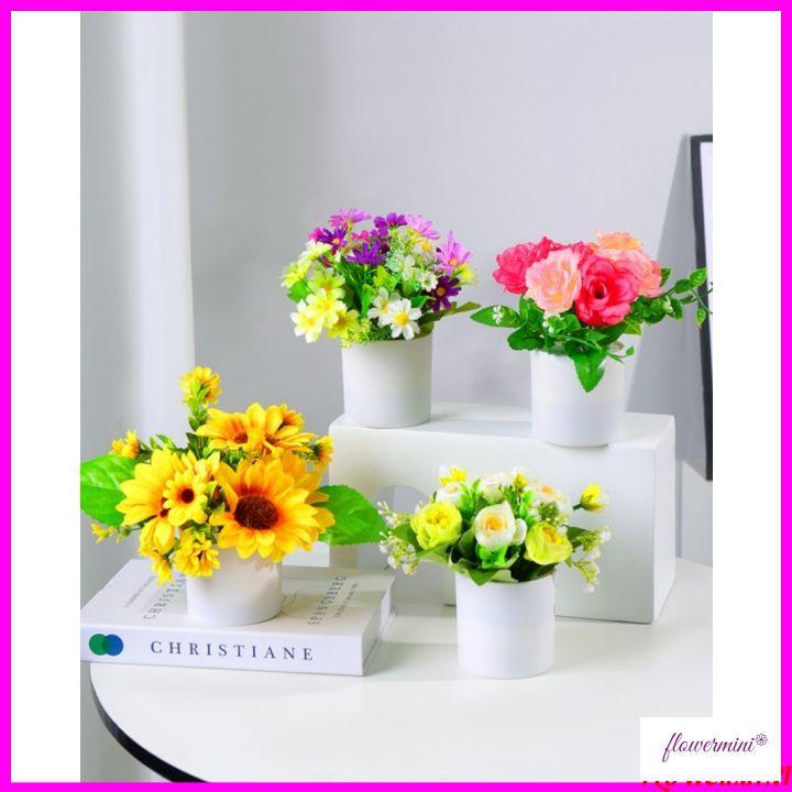 Combo 3 chậu hoa và cây giả để bàn trang trí phòng khách, decor kệ tủ, làm quà tặng nhỏ xinh Flowermini BC-03