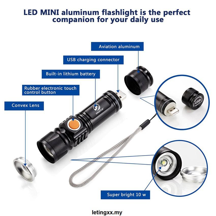 Đèn Pin Led 3 Chế Độ Sáng Chống Thấm Nước Sạc Usb Tiện Dụng