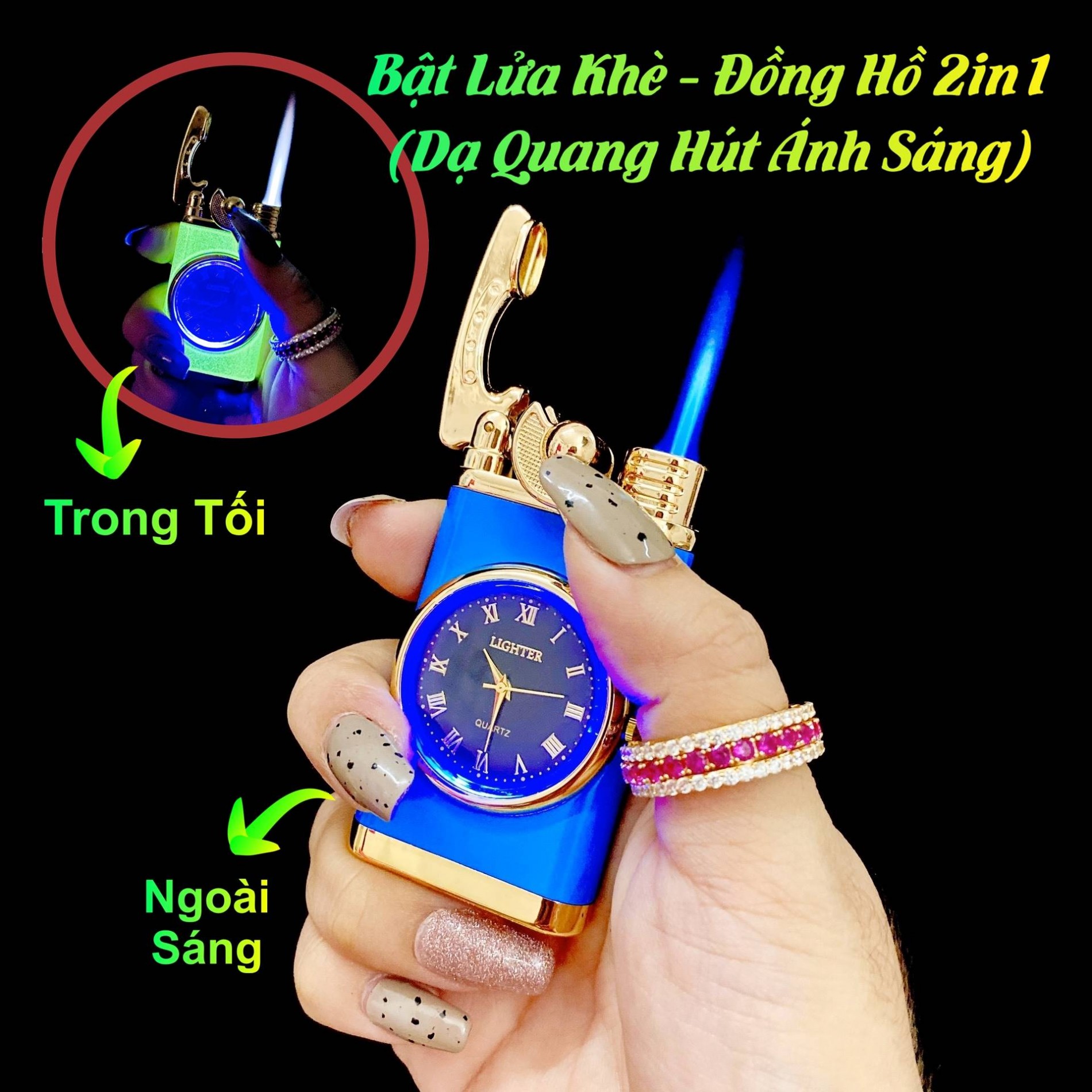 Hộp quẹt bật lửa khè kiêm đồng hồ 2in1 búng tay đánh lửa (dạ quang hút ánh sáng) - (xài gas