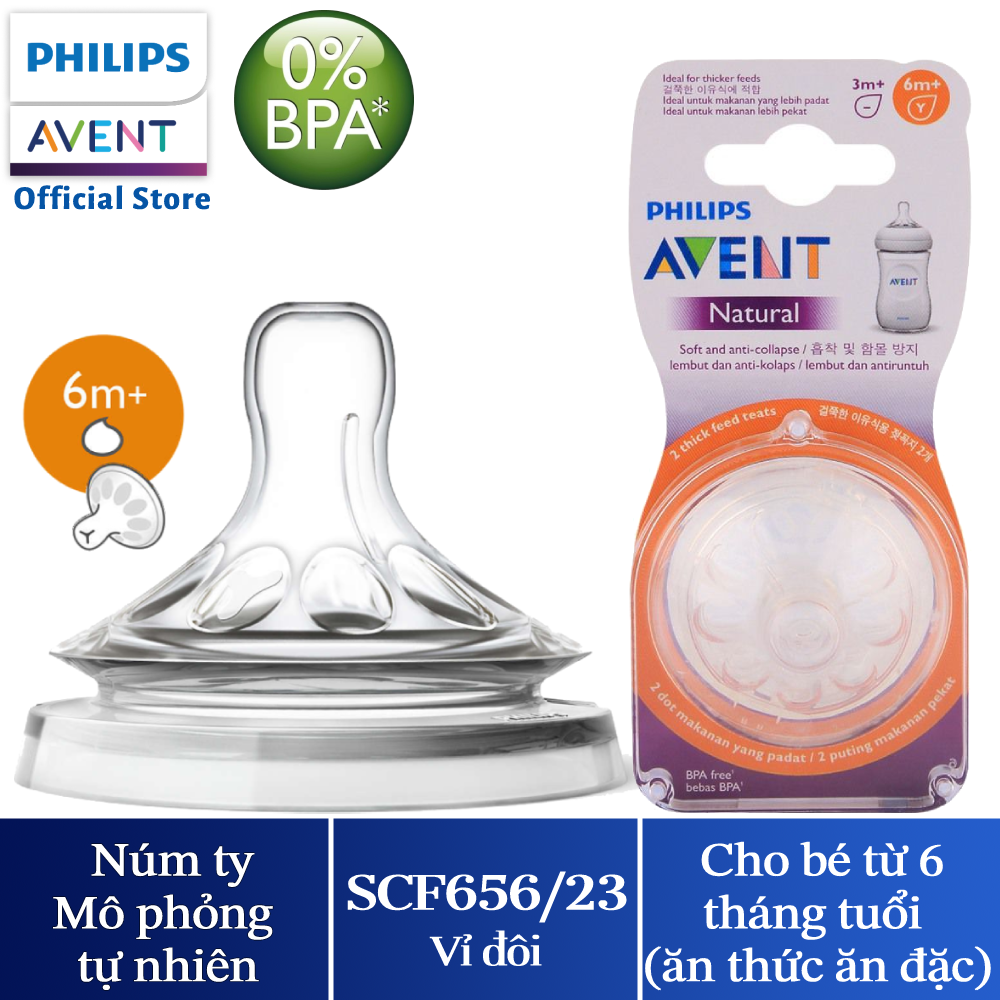 Combo 2 Núm ty Philips Avent Mô Phỏng tự nhiên dùng cho thức ăn đặc 656.23 rãnh chữ Y phù hợp bé từ 6 tháng tuổi