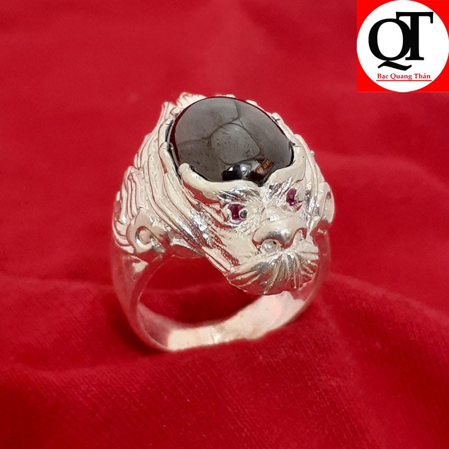 Nhẫn nam bạc ta đúc hình đầu Rồng mắt đính đá màu đỏ trang sức Bạc Quang Thản - QTNU17