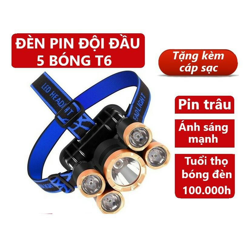 Đèn Pin Đội Đầu Đeo Trán 5 Bóng Siêu Sáng Kèm Pin Sạc Siêu Tiện Lợi