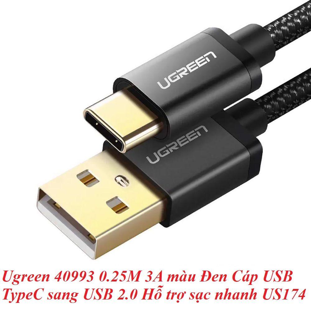 Ugreen UG40993US174TK 0.25M 3A màu Đen Cáp USB TypeC sang USB 2.0 Hỗ trợ sạc nhanh - HÀNG CHÍNH HÃNG