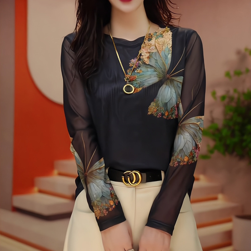 Áo Thun Lưới In Hình Dài Tay Cổ Tròn Dành Cho Nữ SM105 - Hàng Quảng Châu Cao Cấp