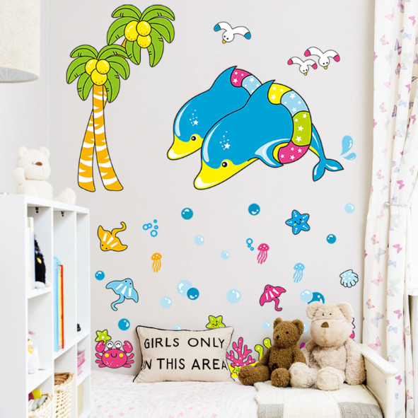 Decal trang trí tường - 2 chú cá heo xanh