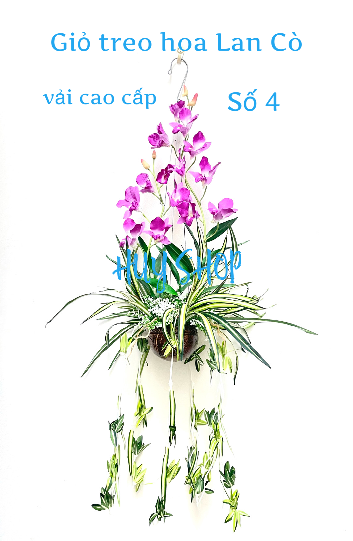Giỏ gáo dừa Hoa LAN CÒ  Vải cao cấp trang trí treo trần nhà