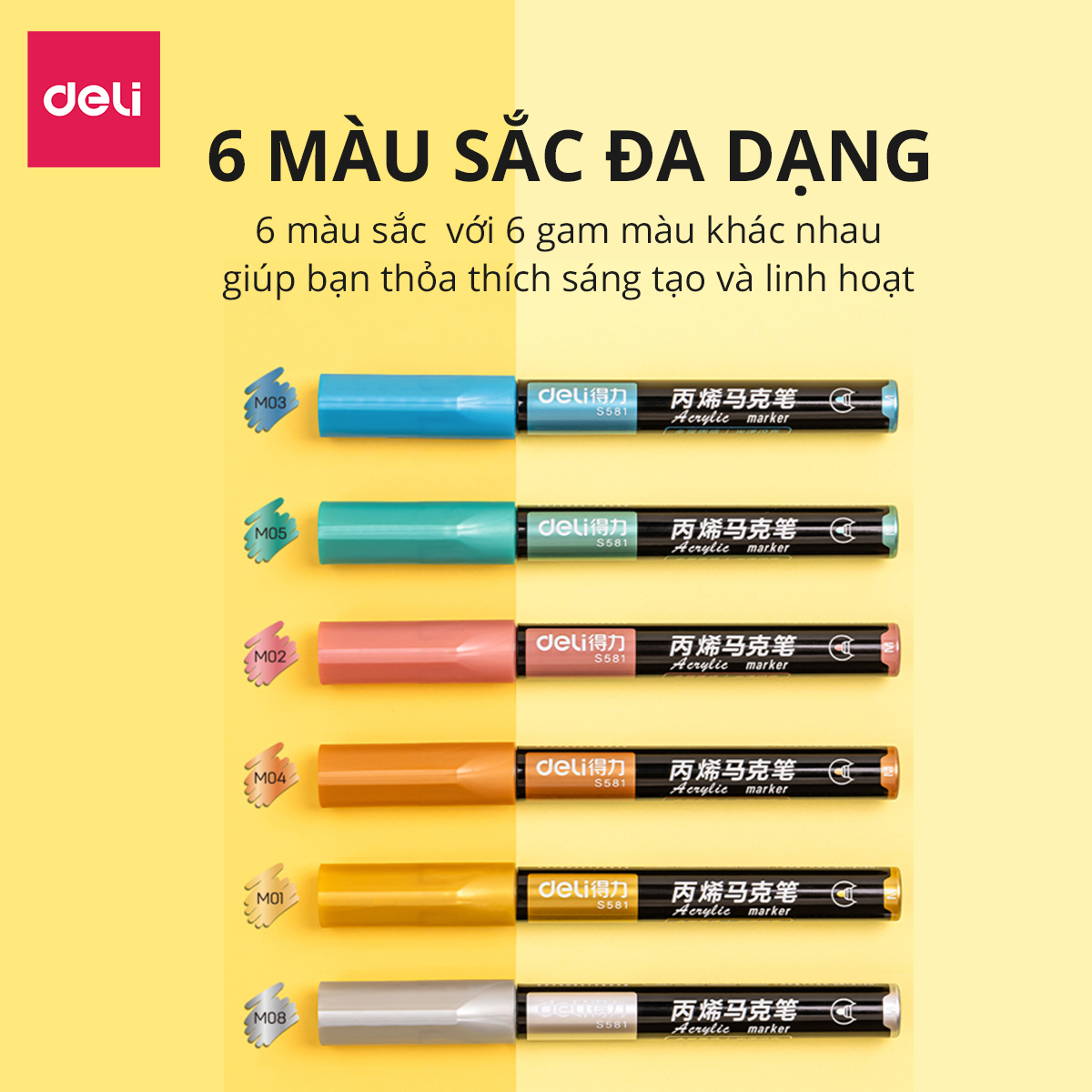 Set 6 Bút Sơn Acrylic Painter Bút Lông Marker Propylene Màu Pastel Nhũ Deli - Không Thấm Nước Dùng Vẽ Trang Trí Giày Graffiti Vẽ Trên Mọi Chất Liệu Kính Gốm Sứ - S581 S582