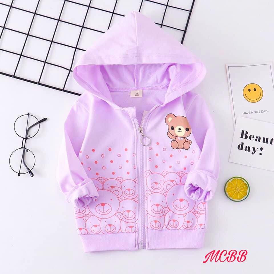 Áo khoác bé gái hình gấu xinh chất thun cotton mịn mát ấm áp mùa mưa