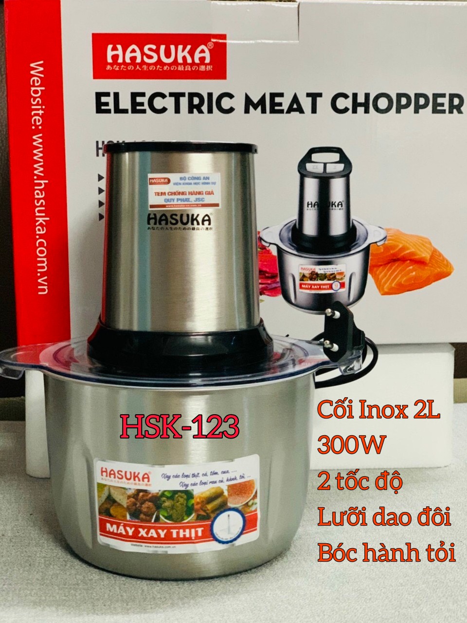 Máy Xay Thịt Đa Năng, Cối Inox 2L, Bộ dao kép 4 lưỡi thép, 2 tốc độ, 300W Hasuka HSK-123, Tặng kèm Đồ bóc vỏ hành tỏi tiện lợi - Hàng Chính Hãng