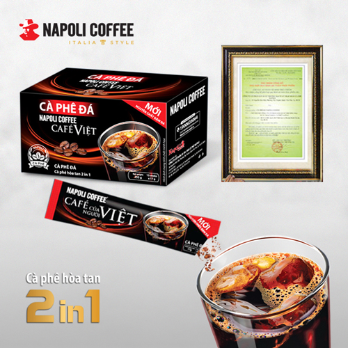 Cà Phê Hoà Tan Đen Đá 2IN1 Hộp Lớn Napoli Coffee bổ sung Nấm Linh Chi và Đông Trùng Hạ Thảo (10 gói x16gr) - 100% Cà Phê Sạch Chuẩn Gu