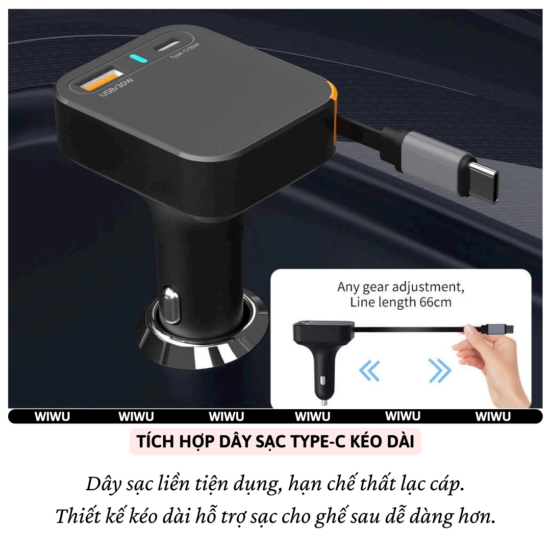 Tẩu củ sạc nhanh PD 65W cho xe hơi ô tô PD3.0 Type-C + 1 USB-A QC3.0 kèm dây sạc rút Type-C 66cm hiệu WIWU Helix cho iphone 17 16 15 iPad pro air Gen Vivo Oppo samsung Macbook - Trang bị chip Ai điều chỉnh dòng, Chống cháy, hợp kim nhôm - Hàng nhập khẩu