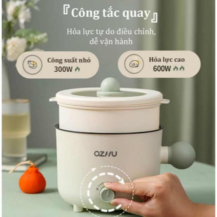 Nồi Lẩu 1 Người, Nồi Hấp Mini Đa Năng 2 Nấc Nhiệt Kèm Giá Hấp Có Tay Cầm Tiện Dụng Dung Tích 1.8L