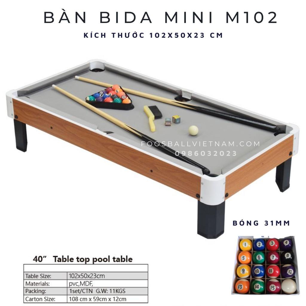 Bàn bi-a bida mini 102cm nhập khẩu giá rẻ + bi sứ 38mm + vải nỉ mầu ghi + gậy gỗ 90cm