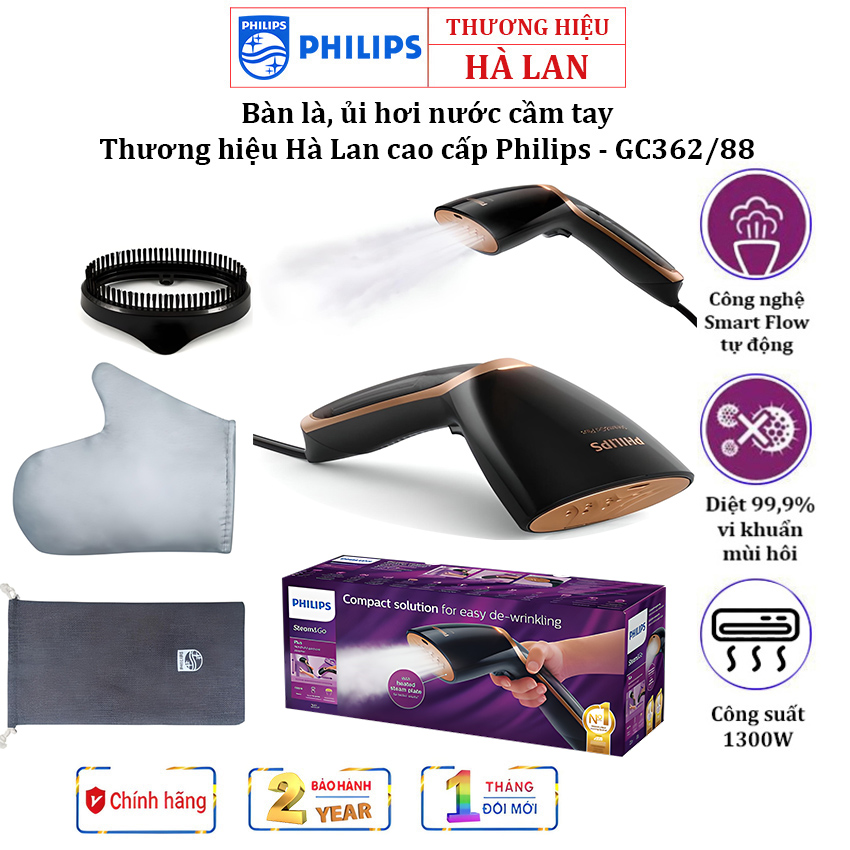[BH 24 THÁNG] Bàn là, ủi hơi nước dạng cầm tay đa năng, thiết kế nhỏ gọn Thương hiệu Philips Hà Lan GC362/88 - Công suất cao 1300W