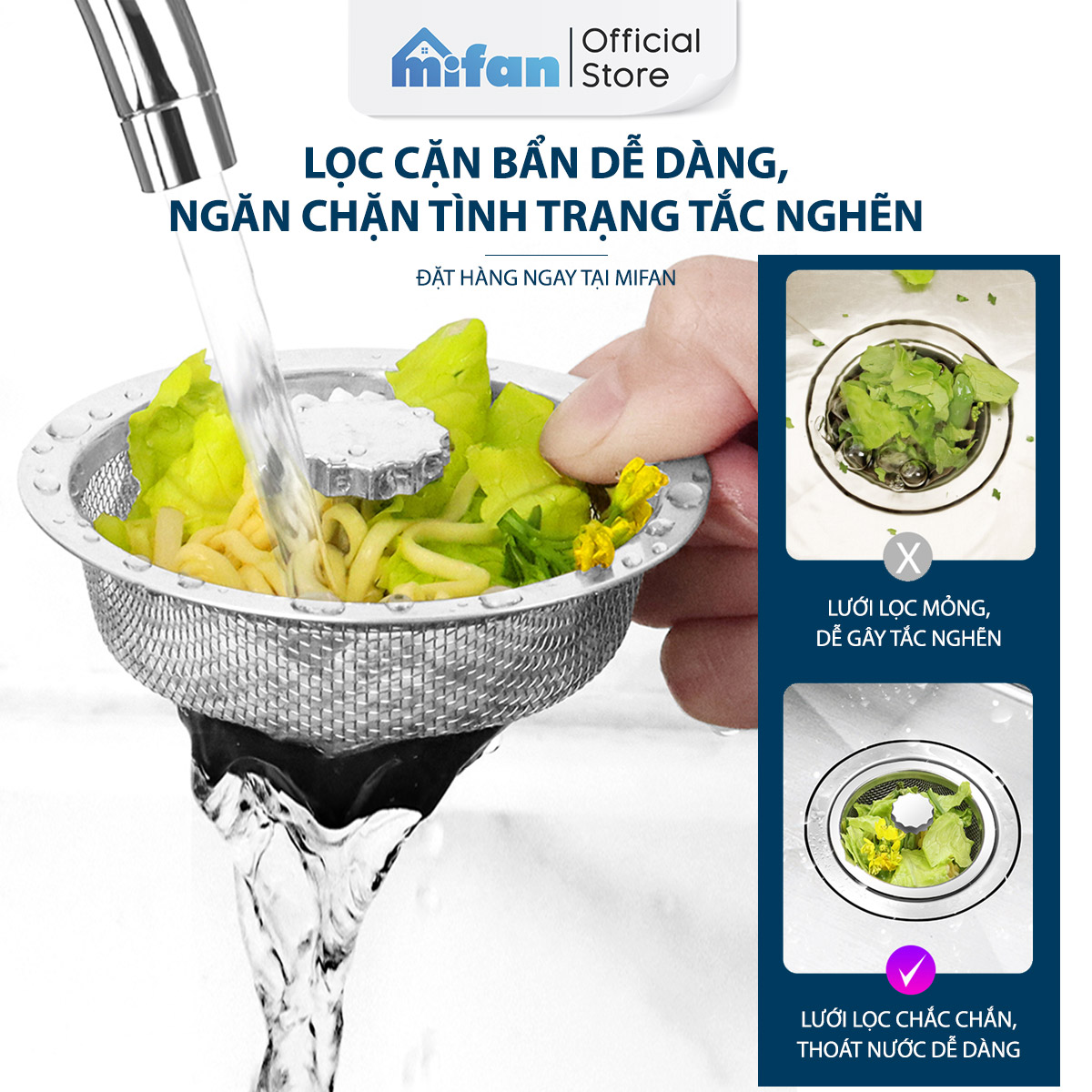 Lưới lọc rác bồn rửa chén thông minh Mifan - Thép không gỉ, nhựa ABS cao cấp - Lưới nhỏ ngăn cặn thức ăn thừa hiệu quả