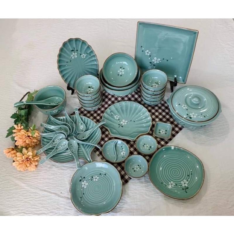 Bộ bát đĩa men ngọc. Gốm Bát Tràng cao cấp