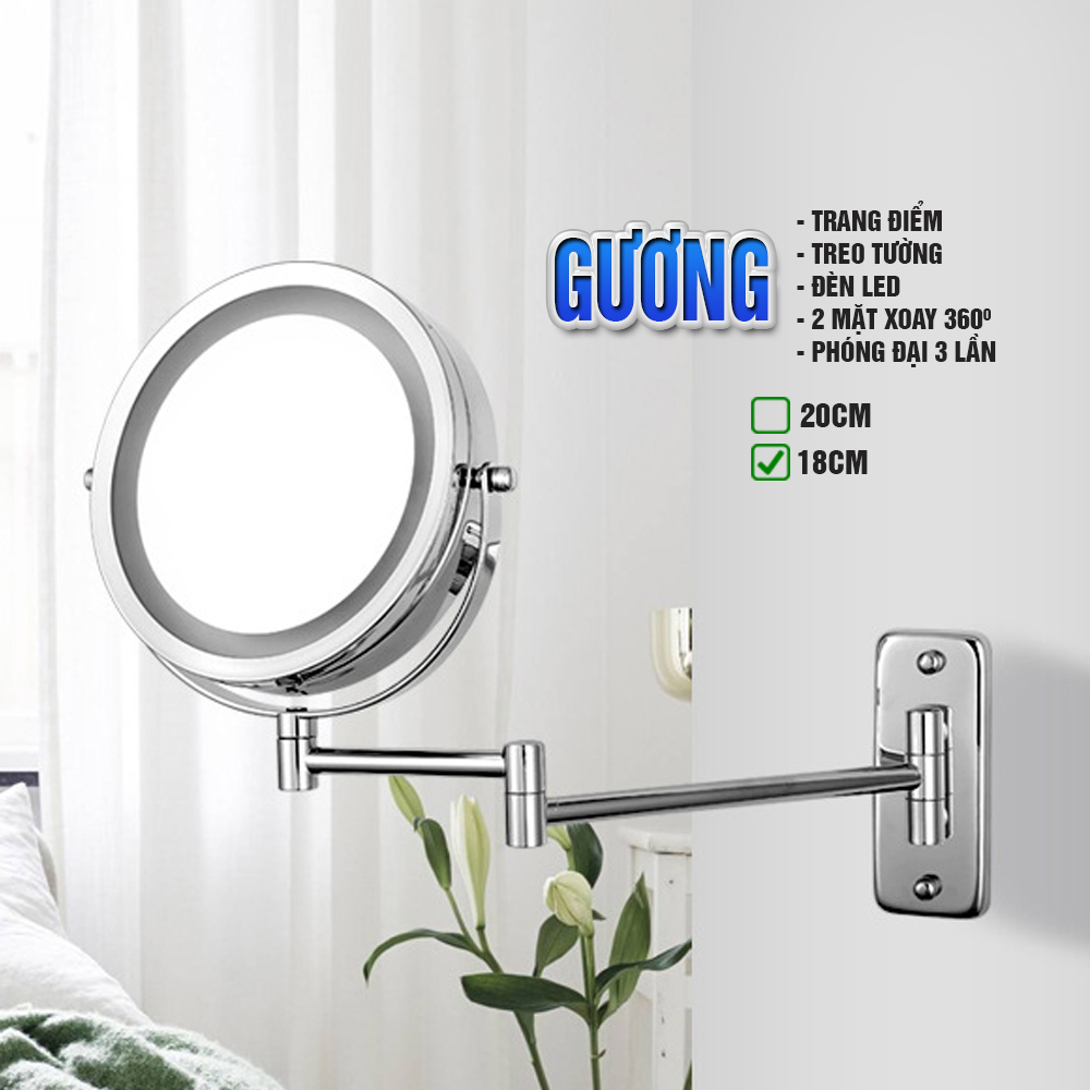 Gương trang điểm đèn LED phóng đại 3 lần, xoay 360 độ, 2 mặt siêu nét, treo tường phòng tắm, phòng ngủ, Khách sạn, resort, Inox SUS 304, thép không gỉ Size 15cm, 18cm, 20cm, Minh House GL32