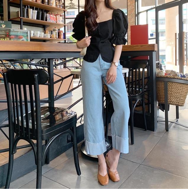 Quần jeans ống rộng gấp lai cực chất