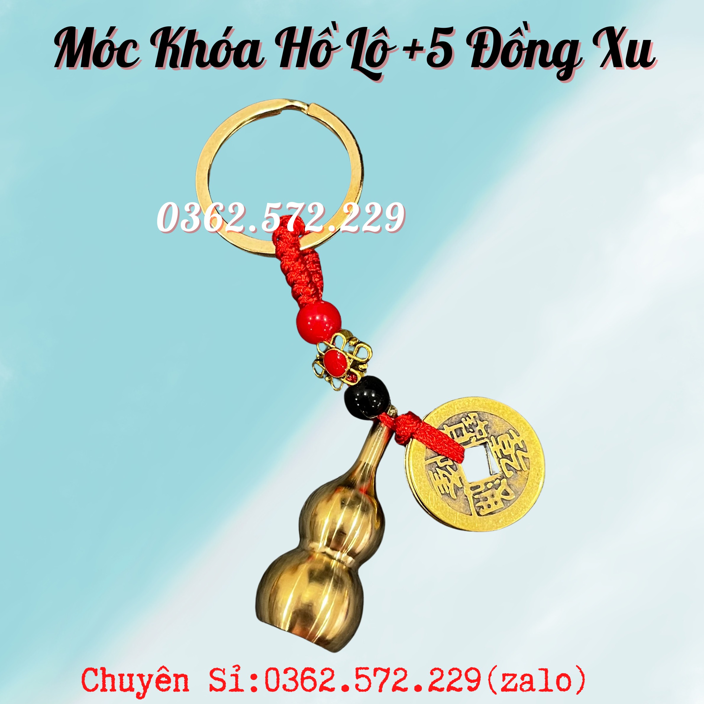 Móc khóa hồ lô đồng và 5 đồng xu phong thủy