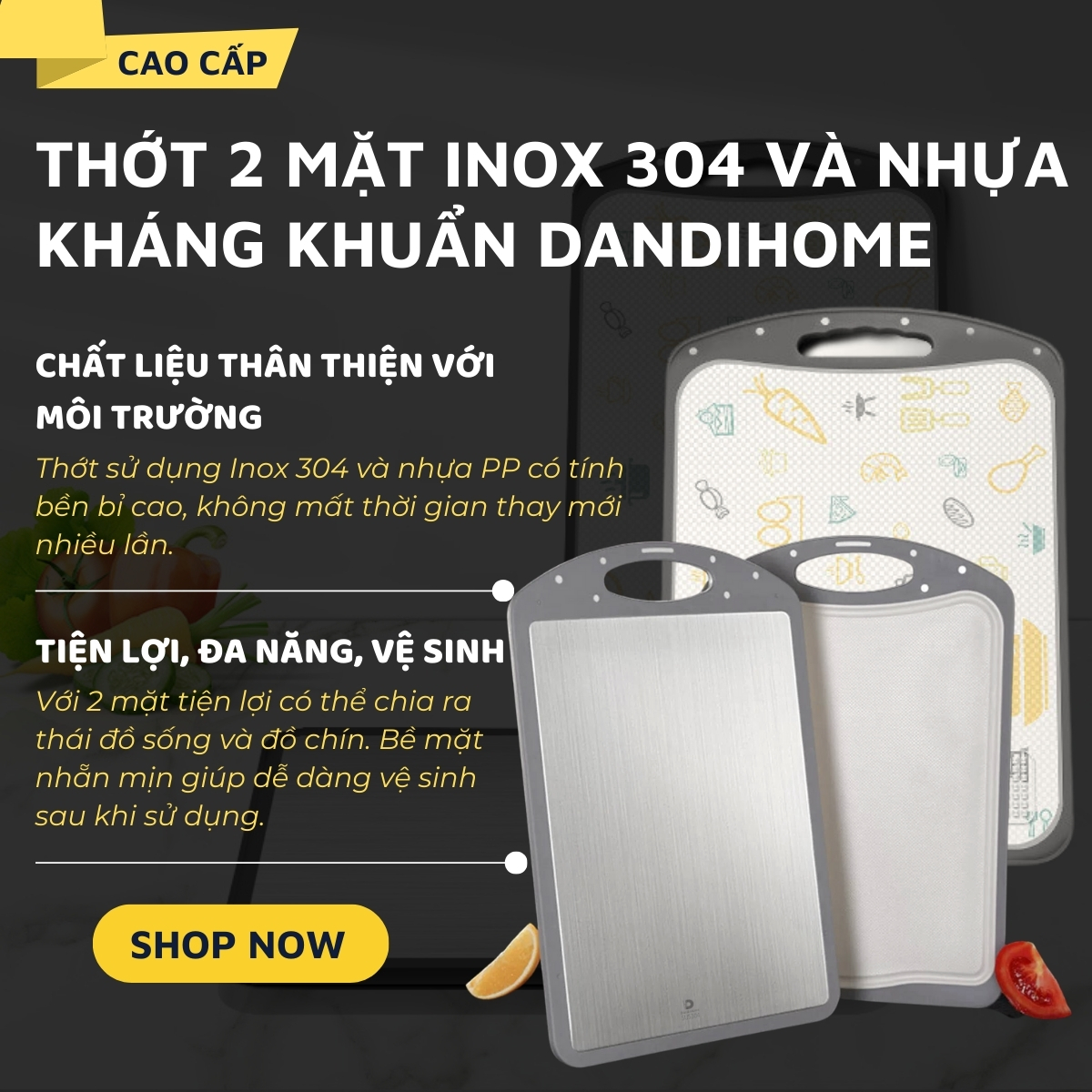 Thớt inox 304 và nhựa kháng khuẩn DandiHome cao cấp hai mặt 