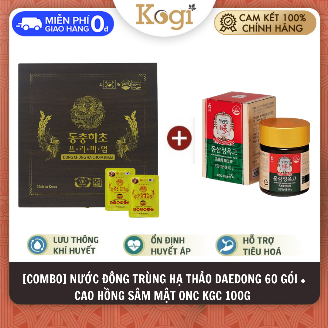 1 hộp 60 gói Nước đông trùng hạ thảo Hàn Quốc Premium Daedong + 1 hộp 100g Cao hồng sâm mật ong Hàn Quốc KGC