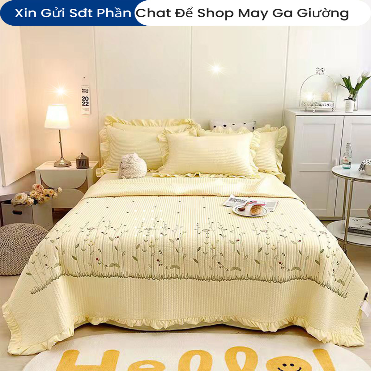 Bộ Chăn Ga Gối Đệm Cotton Solid Vitage Drap Giường Cao Cấp Bộ Ga Phủ Chăn Chần Bông