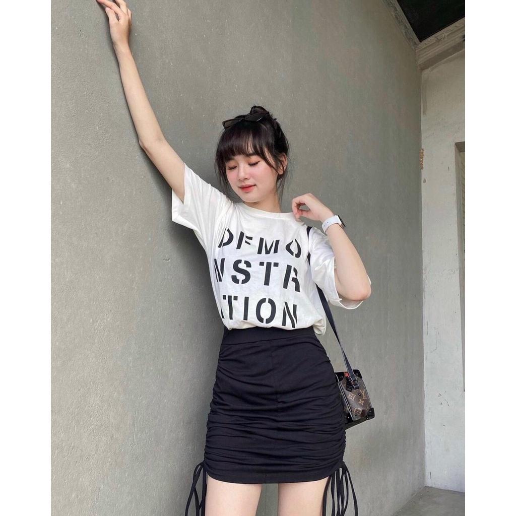 046 - SET ÁO THUN IN CHỮ VÀ CHÂN VÁY ĐEN RÚT