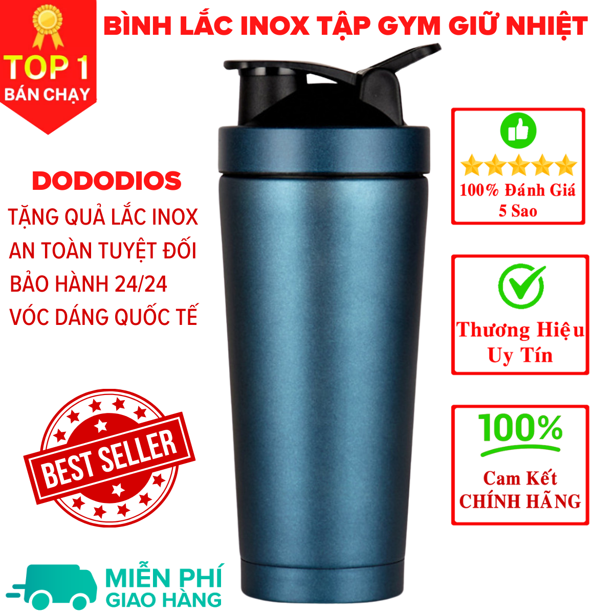 [Loại Cao Cấp - Giữ Nhiệt - Inox 304] bình lắc gym, bình lắc shaker, bình nước thể thao inox giữ nhiệt + kèm quả lắc Lò Xo - Hàng chính hãng DoDoDios