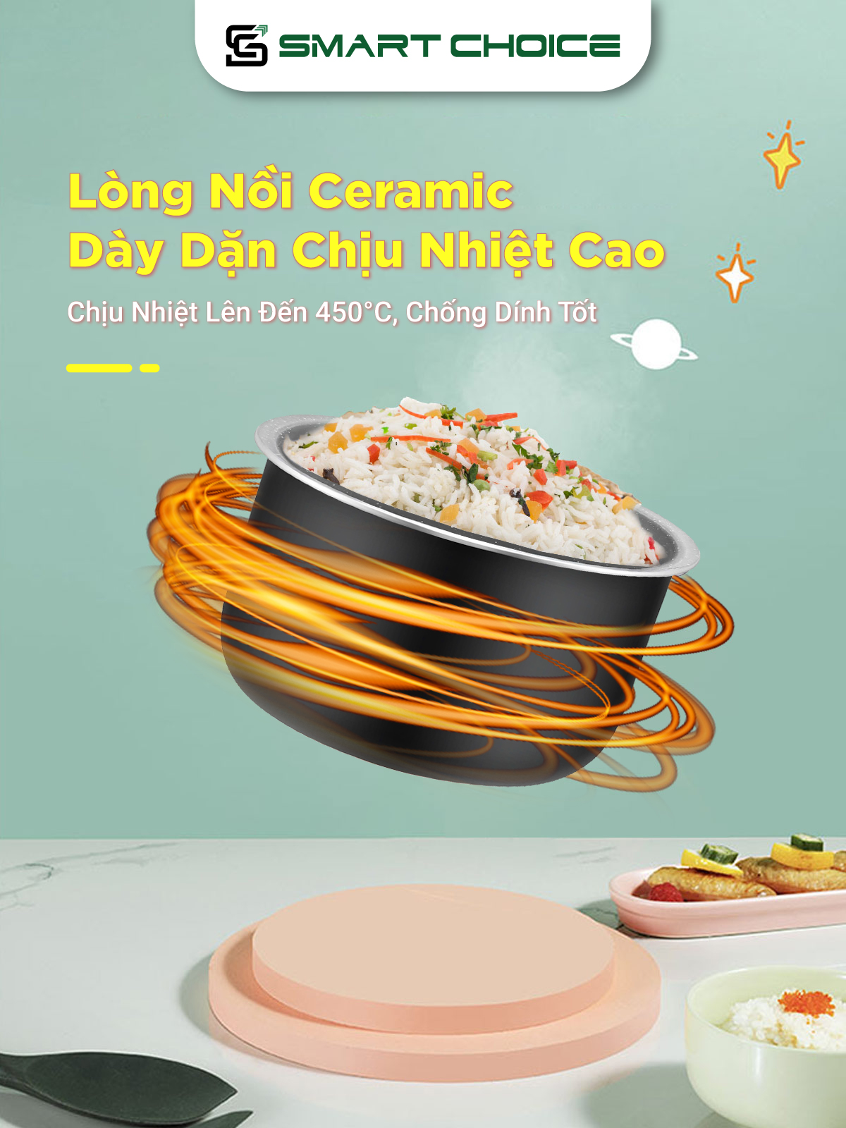 Nồi Cơm Điện Mini 1.2L SMARTCHOICE SCG-RC3001 Lòng Nồi Phủ Ceramic Chống Dính Cao Cấp, Nồi Cơm Điện Cơ Có Quay Xách Dùng Cho 1-3 Người Ăn, Nấu Chín Nhanh, Giữ Ấm Lâu - Hàng Chính Hãng