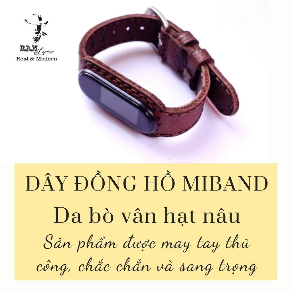 Dây miband da bò thật vân hạt handmade bền chắc cao cấp cho miband 3 , miband 4 , miband 5, miband 6 - RAM