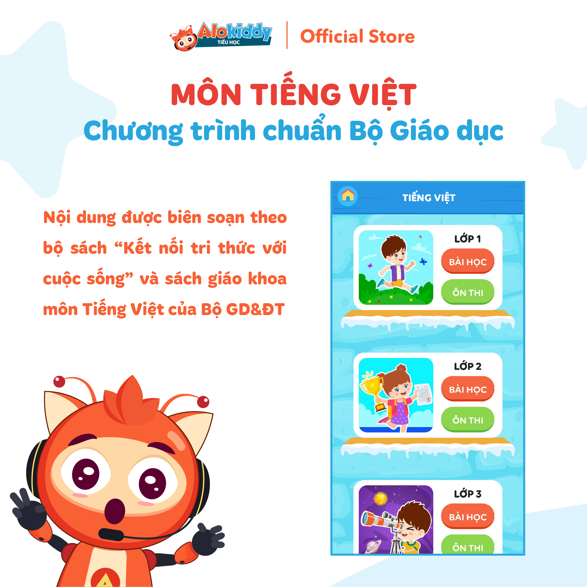 Mã học Toán Tiếng Việt Tiếng Anh trên app ALOKIDDY TIỂU HỌC dành cho trẻ từ Lớp 1 đến Lớp 5 Áp dụng toàn quốc