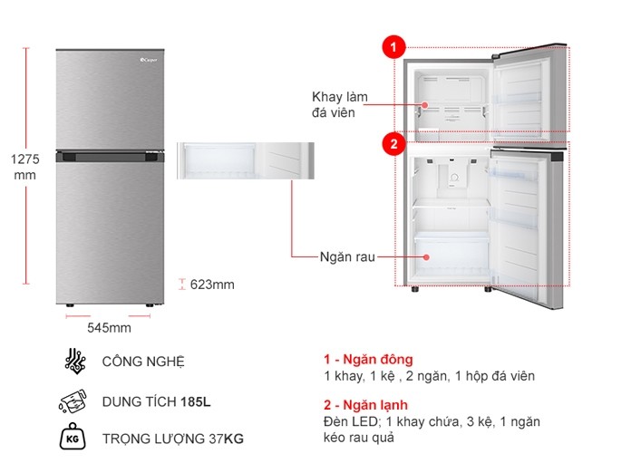 Tủ lạnh Casper 185 lít RT-200VS